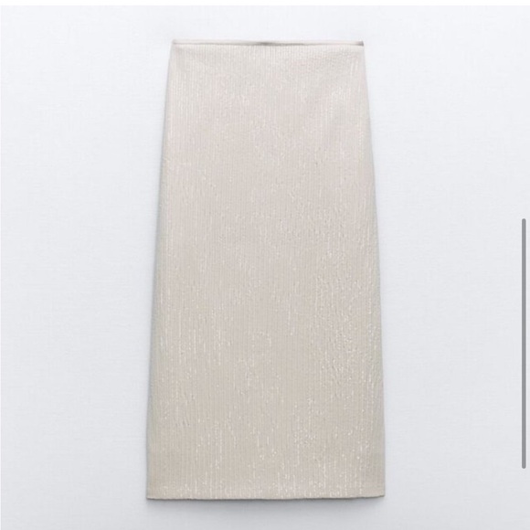 Zara Sequined crinkled slit hem cream midi skirt sz.S - Picture 15 of 16